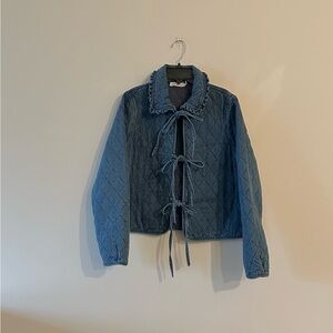 All In Favor Tie Front Quilted Denim Jacket Ruffle Collared S Coquette Cottage